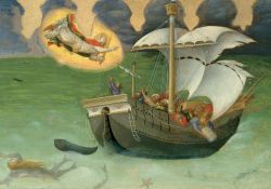 Gentile da Fabriano (asi 1370–1427), Zázrak svatého Mikuláše, tabule křídlového oltáře Quaratesiů, Pinacoteca Vaticana, Vatikán. Mikuláš je vzýván cestujícími na palubě lodi, která se ocitla v nebezpečí. Světec se zjevil, pomohl námořníkům loď opět ovládnout a bouři utišil.